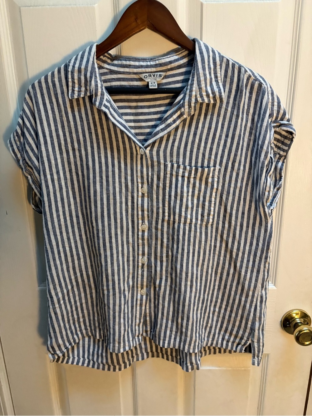 Orvis Navy & White Vertical Stripe Casual Button-Down Shirt